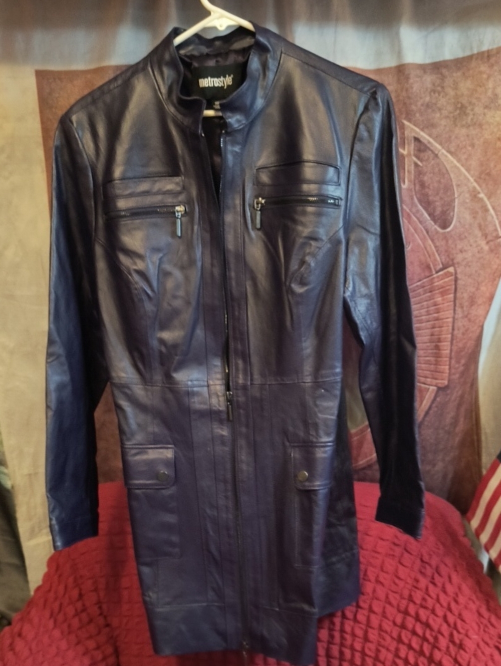 NWOT Metrostyle Men's Dark Plum Genuine Leather Trench Coat Polyester Lining L